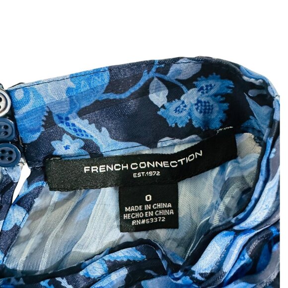 French Connection Women's Size 0 Cynthia High Neck Floral Ruffle Blue Blouse - Picture 6 of 8